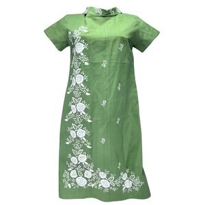 Vtg 60s Tesoros Manila Embroidered Sheath Dress Sage Green Ramie Tetoron Blend M